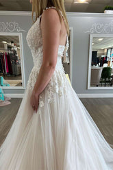 White V-Neck Appliques A-Line Long Wedding Dress